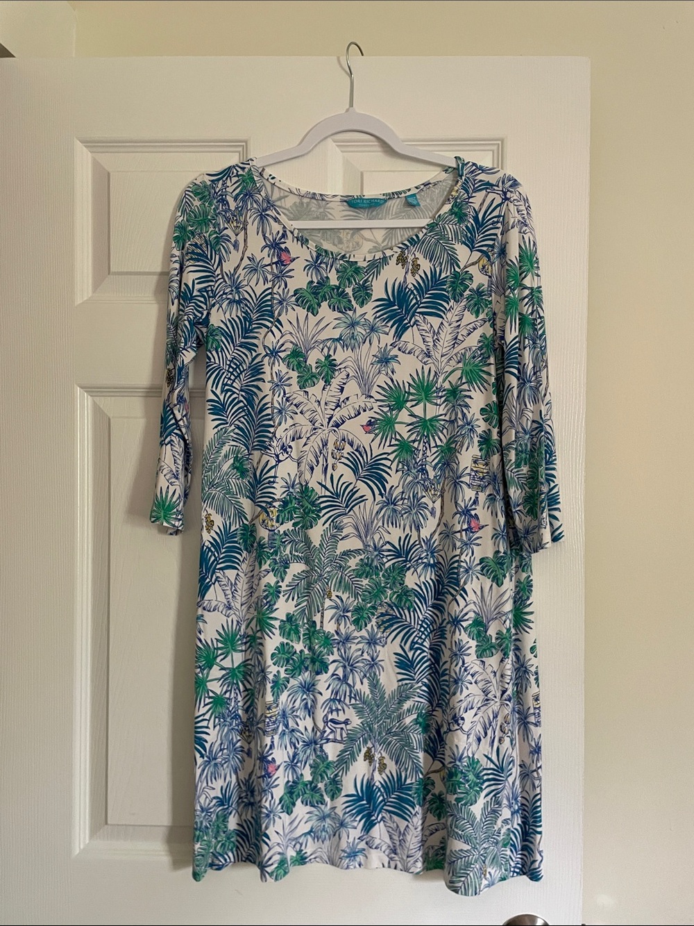 Tori Richard White Dress with Blue & Green Tropical Print